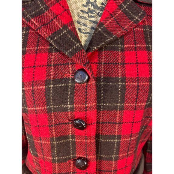 VTG Sz 8P Red & Brown Plaid Wool Blend Blazer Equestrian Academia Classic - Picture 6 of 10
